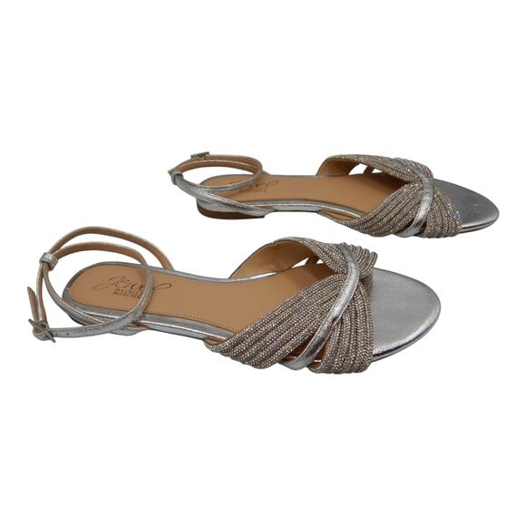 Jewel Badgley Mischka Glittery Rhinestone Ankle Strap Flat Sandals Silver Size 6 - Picture 4 of 7